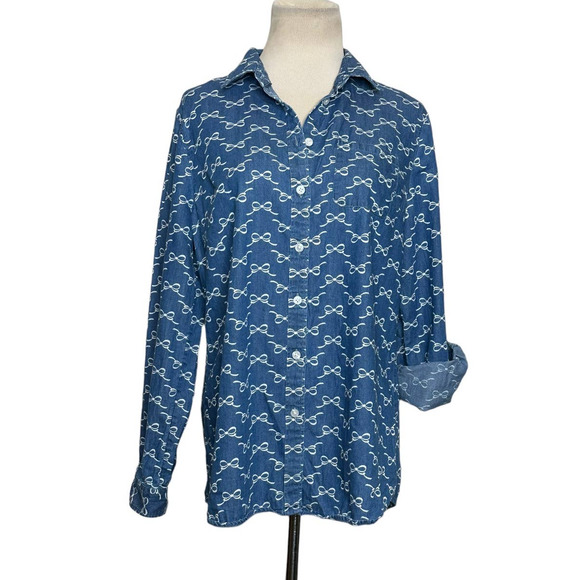Kim Rogers blue chambray bow ribbon print button shirt size small - Picture 1 of 7